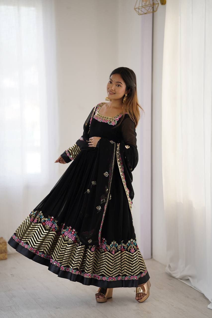💃 Elegant Embroidered Sequence Designer Anarkali Three Piece Set – Festive & Party Ready 💫